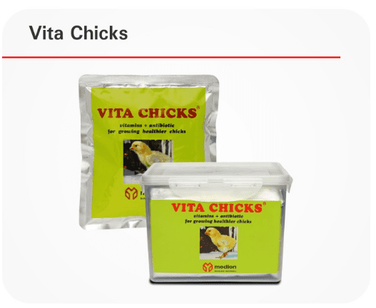 Vita Chicks adalah serbuk yang mengandung multivitamin yang dikombinasikan dengan Growth Promoter Antibotic yang berfungsi untuk mempercepat pertumbuhan anak ayam.