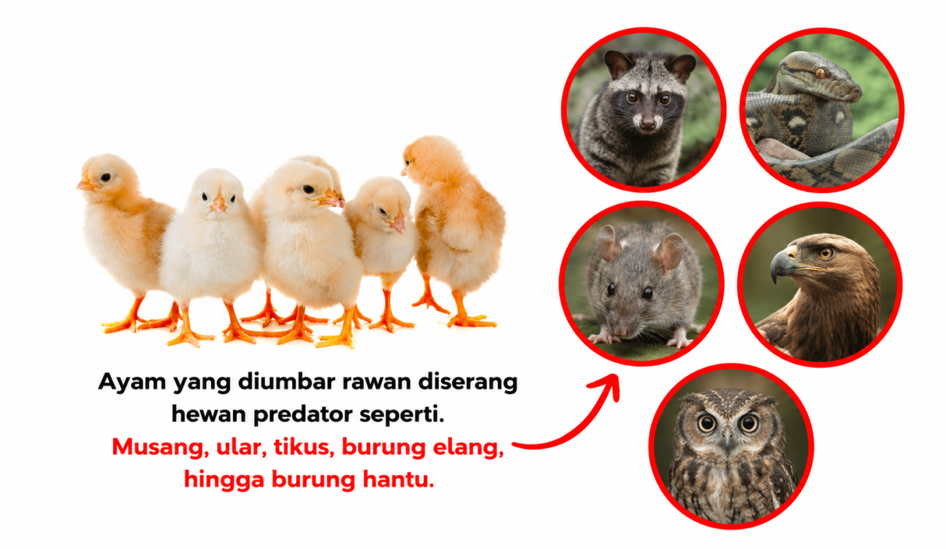 Ayam yang diumbar berisiko diserang hewan pemangsa sehingga perlu perlindungan dan pengamanan kandang yang tepat