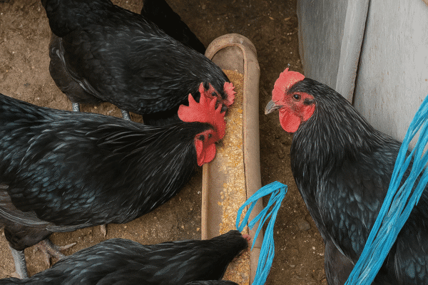 Ayam Australorp sedang makan.